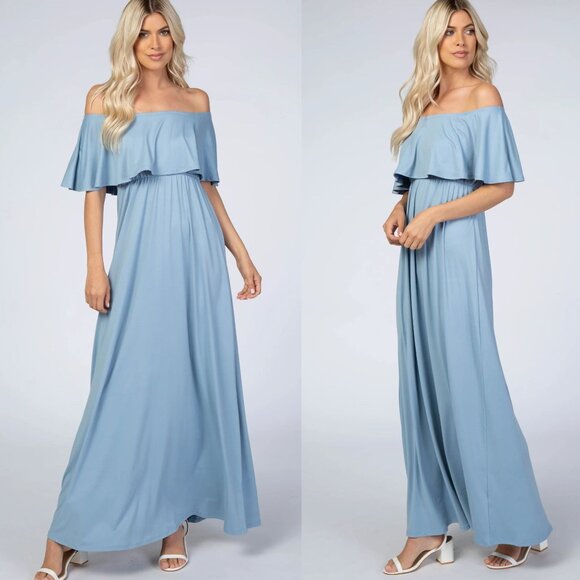 New! Pinkblush Light Blue Off Shoulder Maxi Dress Size Small 41122 - Picture 1 of 13